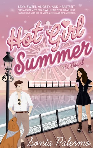 A woman in a short black dress takes a photo of a man in a white shirt and a dog wearing a kerchief. They stand on a pier looking out at the London Eye on the cover of Hot Girl Summer by Sonia Palermo.